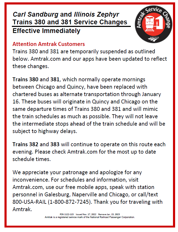 Carl Sandburg and Illinois Zephyr Trains 380 and 381 Service Changes, Effective Immediately