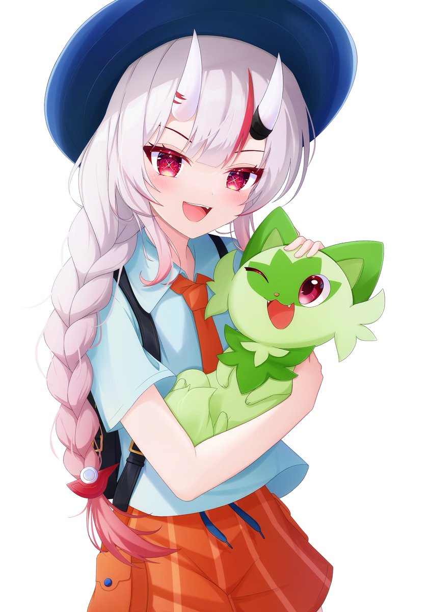 nakiri ayame 1girl blue headwear orange shorts pokemon (creature) red eyes braid horns  illustration images