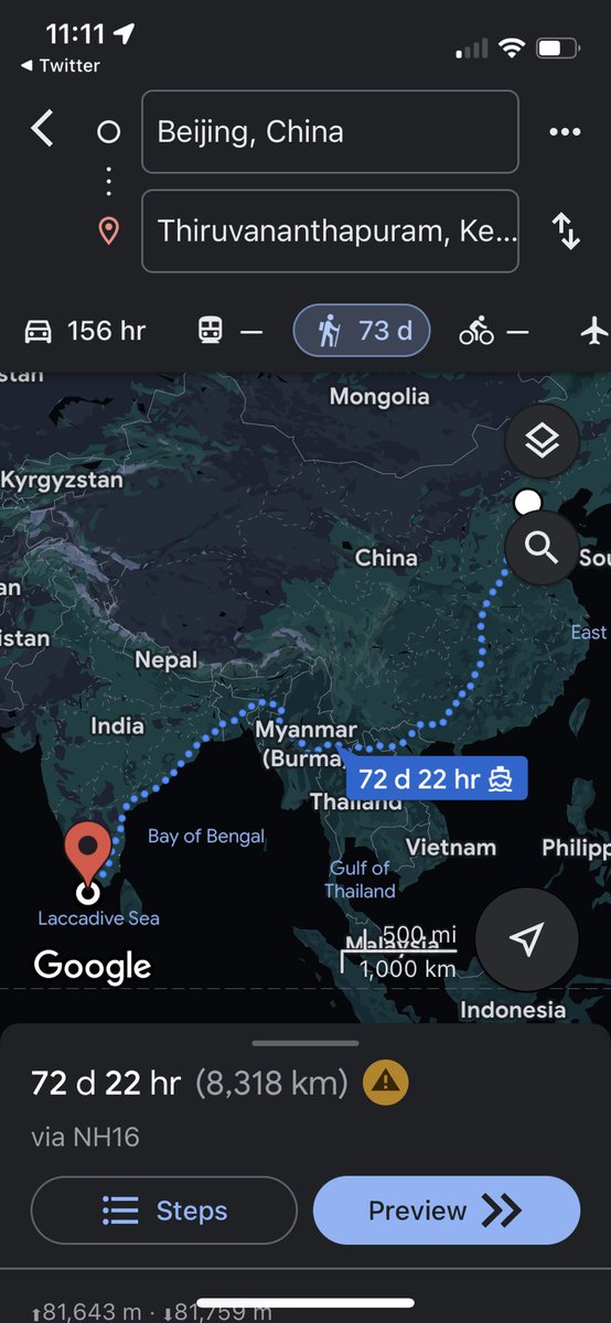 kylejurassic's tweet photo. @nameshiv According to google, walking nonstop, it’d take about 73 days from Beijing to Thiruvananthapuram. There is a ferry included in there somewhere but the step by step route is way too hard for me to follow. Hope this helps! https://t.co/BMJPdQc6oT