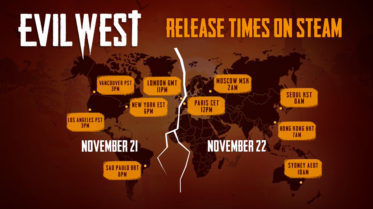 Fellow Vampire Hunters, we have information to share about the release time! 🤠

➡️ For PC: 12PM CET
➡️ For consoles: 12PM local time.