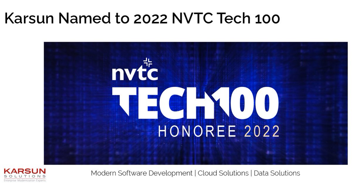 KarsunLLC's tweet photo. Karsun named among the @NoVATechCouncil 2022 Tech 100. This is the company’s fourth consecutive year on the list. Congratulations to this year’s honorees! https://t.co/4L4IKrDmhh #NVTC #Tech100 #Golden20s #DoExtraordinary https://t.co/mc0sKsGhwP