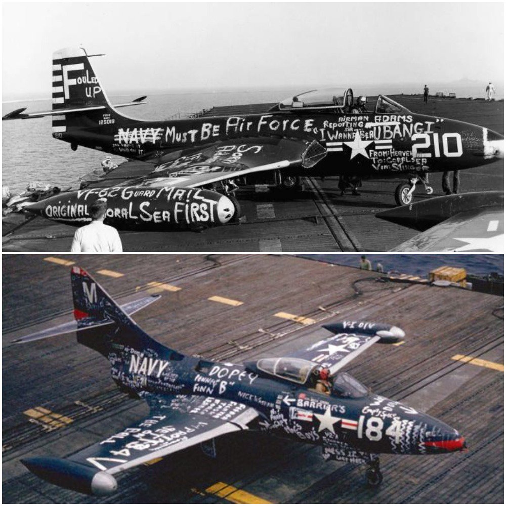 NavalInstitute's tweet image. #DYK that according to Navy tradition, a pilot who makes an error and lands on the wrong aircraft carrier gets mocked by the crew who "zap" the plane with graffiti. Adding @USAirForce markings is the ultimate insult to an already embarrassed naval aviator.