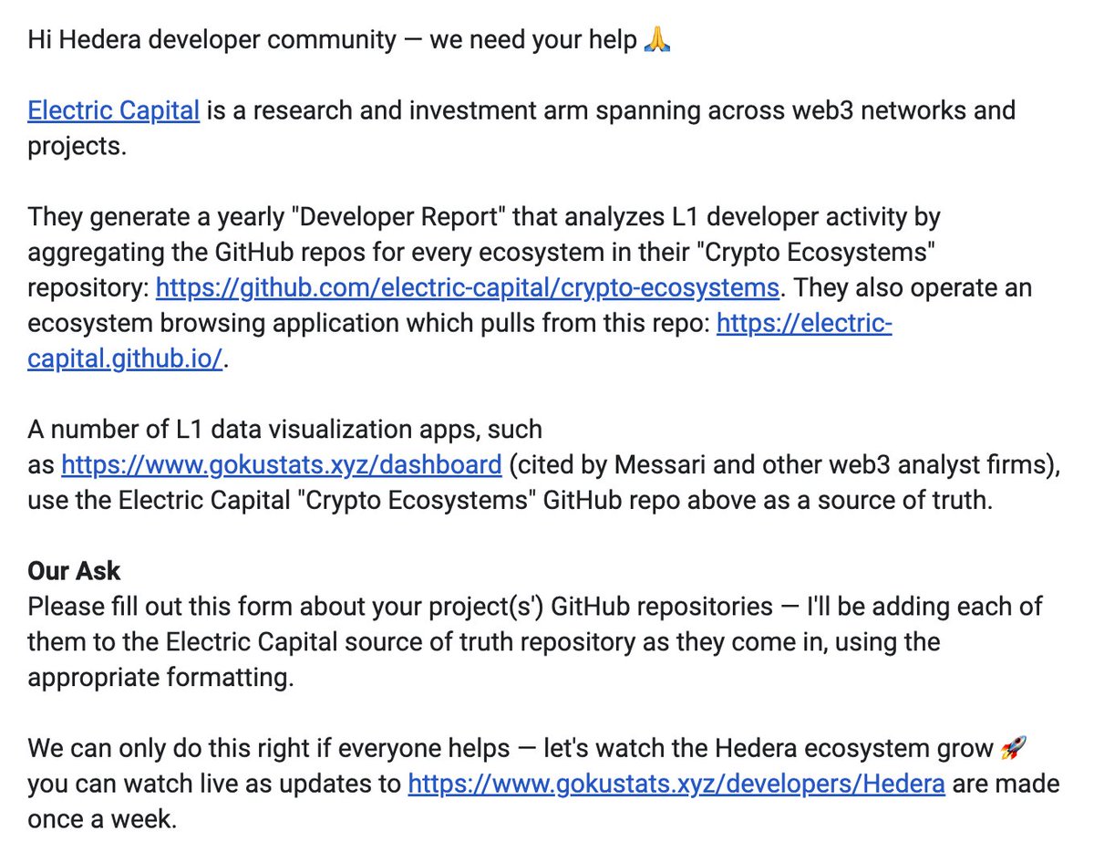 🙏 asking for <a href="/hedera/">Hedera</a> developer community support

tl;dr: aggregating all Hedera ecosystem <a href="/github/">GitHub</a> repos &amp; adding them to <a href="/electriccapital/">Electric Capital ⚡️</a>'s source of truth for dev activity across web3 — let's represent Hedera accurately 🚀

🔗 form: docs.google.com/forms/d/e/1FAI…