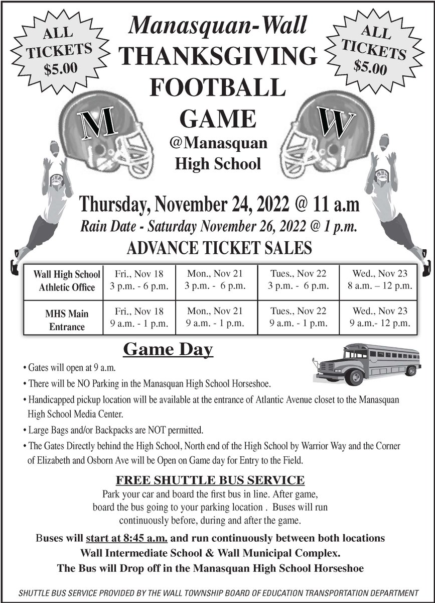 Starting Friday, November 18th at 9am, tickets will be going on sale for the Thanksgiving day football game at the Manasquan High School Main Office.  #GOSQUAN