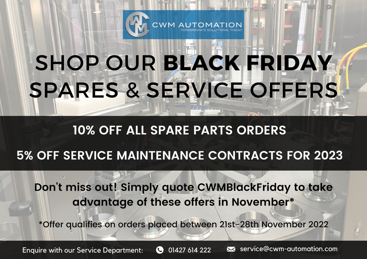CWMAutomation's tweet photo. Check out CWM's #BlackFriday spares &amp; service offers available from Monday next week!
◾ 10% OFF ALL SPARE PARTS ORDERS
◾ 5% OFF SERVICE MAINTENANCE CONTRACTS FOR 2023
Get in touch and quote CWMBlackFriday to take advantage of these deals! https://t.co/XY81KO5djr https://t.co/p9GlHfoMZD
