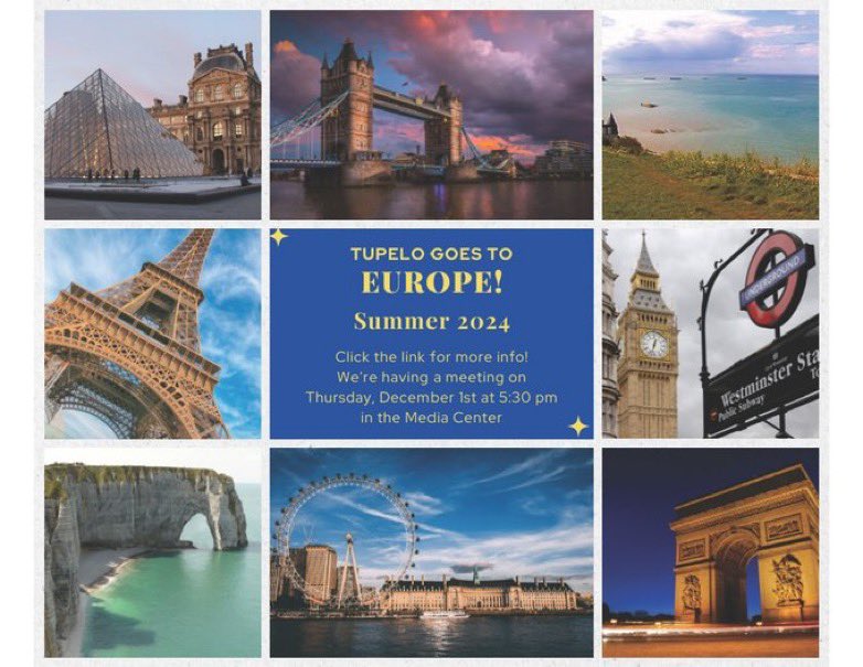 TupWorldTravel's tweet photo. Interested in our trip to England and France - Summer 2024? Come to the meeting! Meeting sign up at https://t.co/PNGikcJOCO https://t.co/NAAYX2rXVs