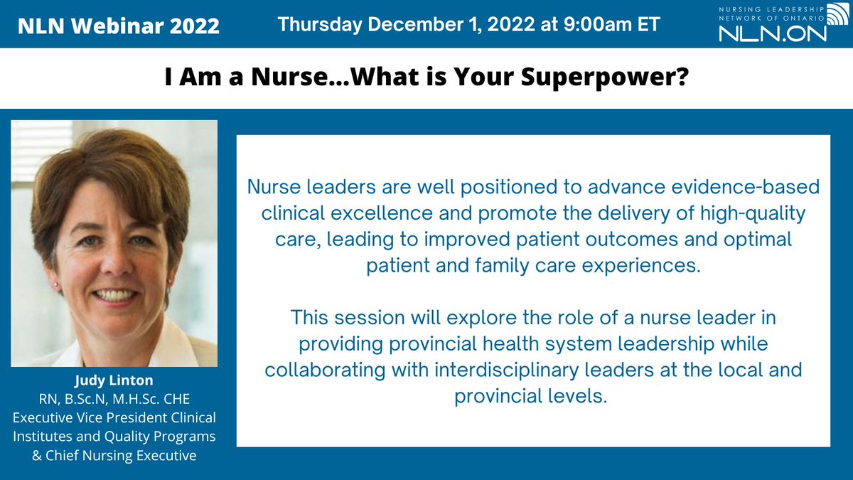We have a special Webinar this December! 
Special guest Speaker Judy Linton from Ontario Health.
Follow link to register: nln.on.ca/professional-d…