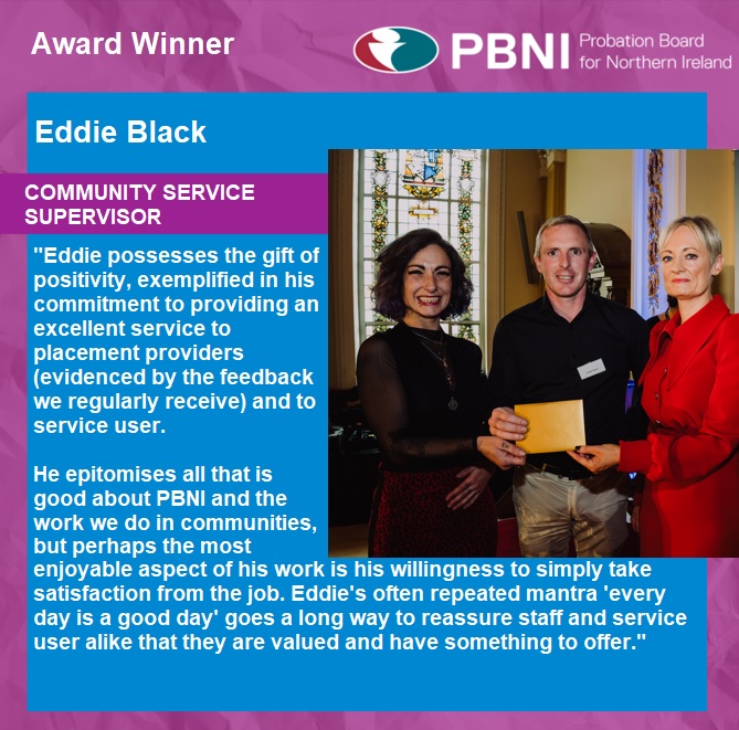 PBNINews's tweet photo. We held a Staff Awards event recently to recognise our staff and celebrate 40 years of PBNI. Congratulations to Eddie Black, Community Service Supervisor who won the Partnership Award. Read more about why Eddie was a worthy winner below.
#PBNIat40 #OurPeople #ChangingLive https://t.co/9Bau1RlNfD