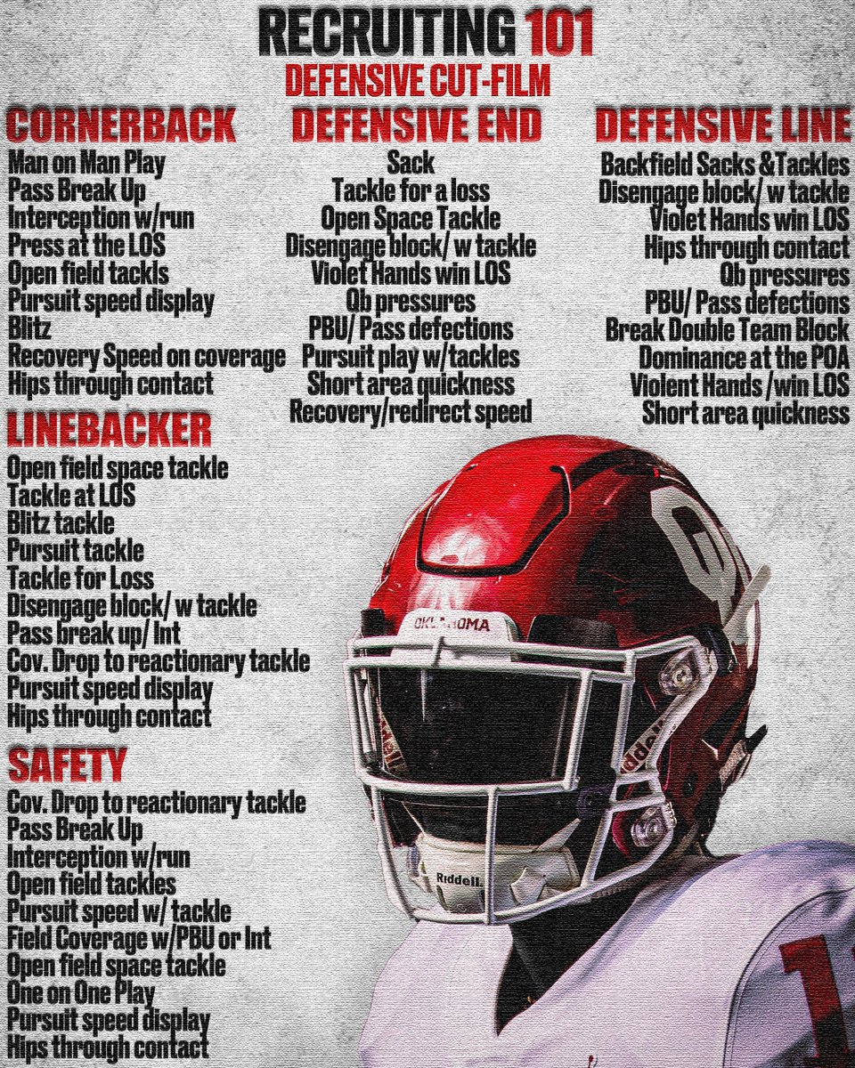 RECRUITs: Defensive Players, you will need to have these clips FIRST in your FILM, showing your BEST positional attributes. These clips will help answer the questions about your skills, factors, and ability to play the position. #Recruiting101
