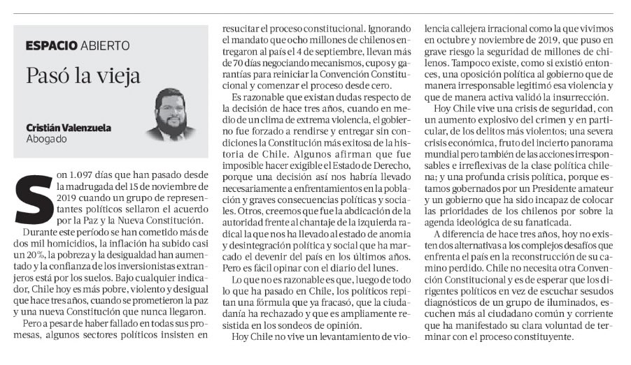 crvalenzuela's tweet image. 8 millones de chilenos rechazaron la Nueva Constitución que propuso la izquierda radical. En medio de una crisis política, social y económica, las urgencias sociales requieren soluciones ahora y ya pasó la vieja en materia constitucional. Mi columna en @latercera