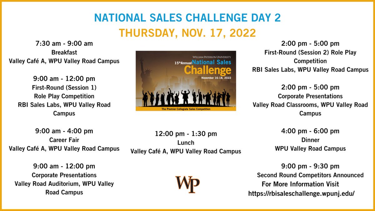 rbisales's tweet photo. Here is the schedule for the 2022 National Sales Challenge! Day 1 has already kicked off to an amazing start. Turn on our post notifications for more updates throughout the week. #nsc2022 #nsc #rbisales #wp #wpu #wpunj #ccob #sales #business #marketing #nationalsaleschallenge https://t.co/NLTKWAZi3F
