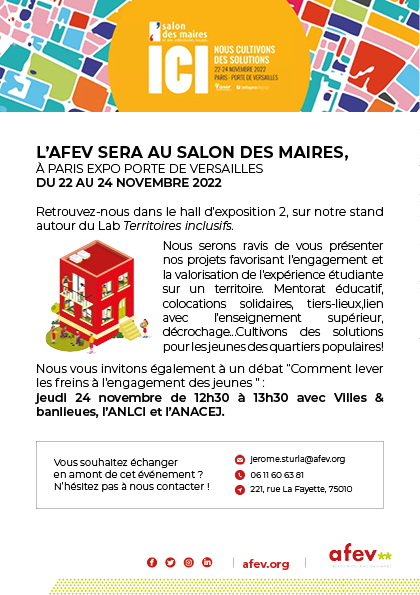 L’Afev sera au salon des Maires du 22 au 24 novembre !
L'occasion de vous présenter nos projets favorisant l’engagement et la valorisation de l’expérience étudiante sur un territoire. 💪

N’hésitez pas à venir échanger avec nous !

<a href="/jeromesturla/">Jérôme Sturla</a> <a href="/l_amf/">AMF | Association des maires de France</a>