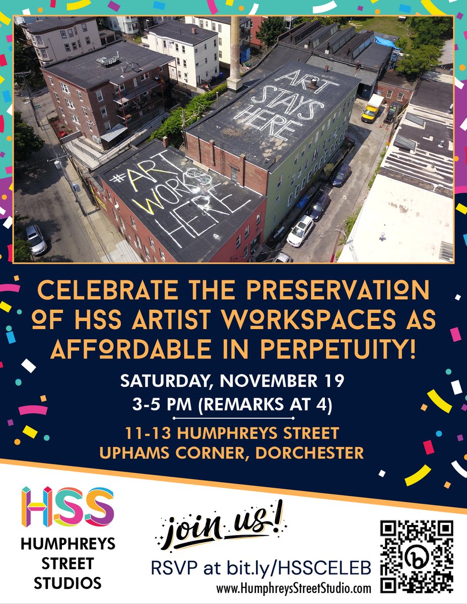 This Saturday, join us in celebrating the Humphreys Street Studios victory at 11-13 Humphreys Street in Dorchester from 3 - 5 p.m.! 

RSVP today: bit.ly/HSSCELEB