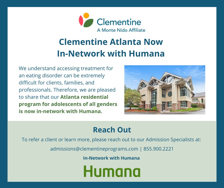 ClemPrograms's tweet image. Clementine Atlanta, located in nearby Sandy Springs, GA, is now in-network with Humana!

Learn more: ow.ly/vJH950LA6yU

#ATL #adolescent #erecovery #innetwork