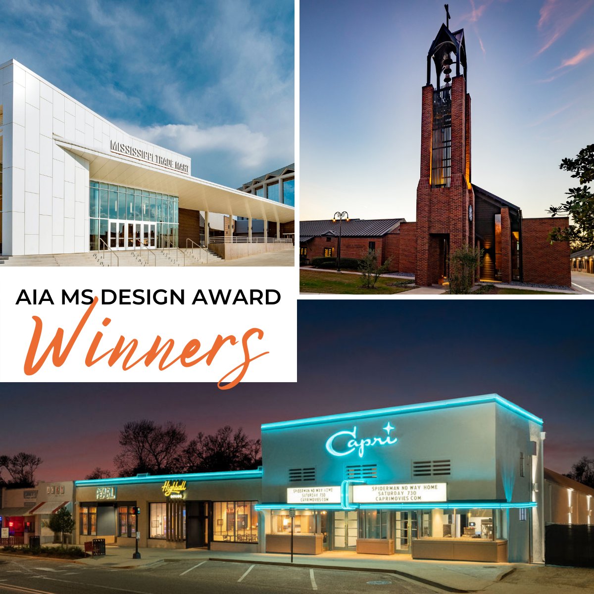 We are excited to share our recent honors at this year's AIA MS Design Awards! Congrats to the teams on The Mississippi Trade Mart, The Capri Theatre, and The St. Andrews Chapel! These projects demonstrate our commitment to community and creating unique places for all to enjoy.