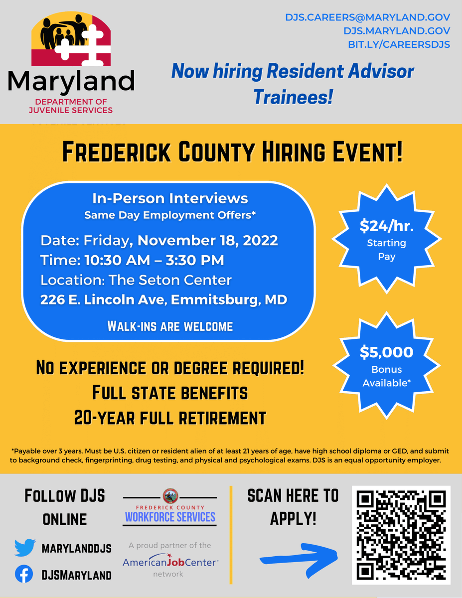 MD_Labor's tweet photo. Job Alert! The Maryland Department of Juvenile Services is hiring for a Resident Advisor Trainee on Nov. 18th from 10:30 a.m. to 3:30 p.m. at the Seton Center in Emmitsburg, MD. Stop by for an interview; you do not need experience or a college degree! https://t.co/fFSGRRssAr https://t.co/CHc6WGnDiw