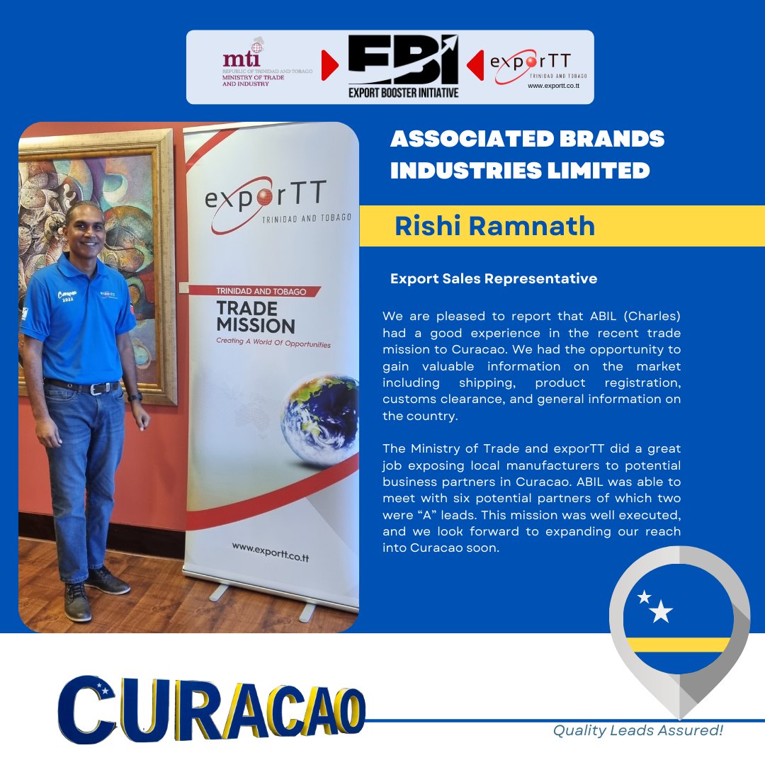 exporTT_Ltd's tweet photo. We are always happy to share client #highpoints on the initiatives we embark on together! Here's a testimonial from Associated Brands Industries Limited, which attended our Trade Mission to Curaçao. @TradeMinistryTT https://t.co/jiCmsN0TLw