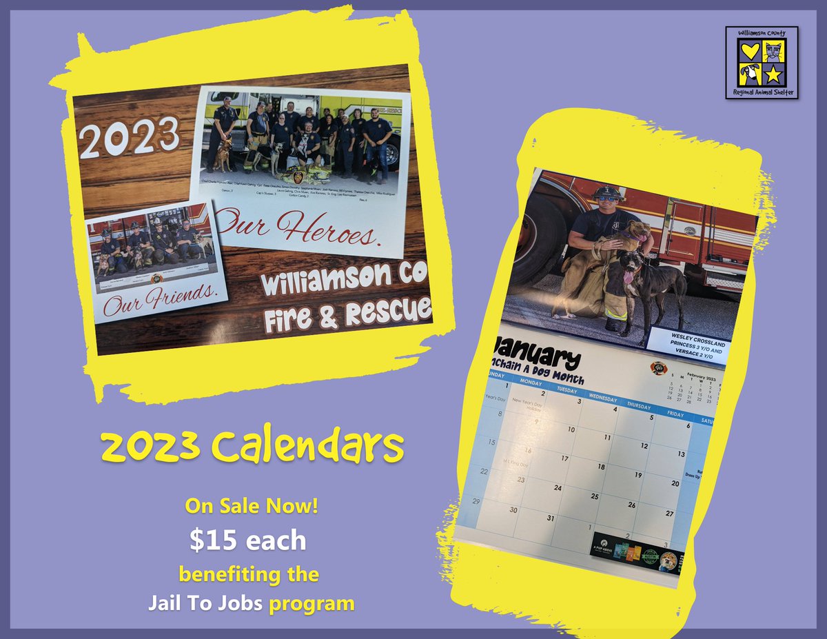 Attention dog 🐶 lovers! Attention fire fighter 👩‍🚒 fans! 

We've got the perfect calendar for you - the 2023 Williamson County Fire &amp; Rescue calendar features some of our shelter dogs AND local fire fighters, and you can have one (or more - they'll make GREAT gifts!) for $15.