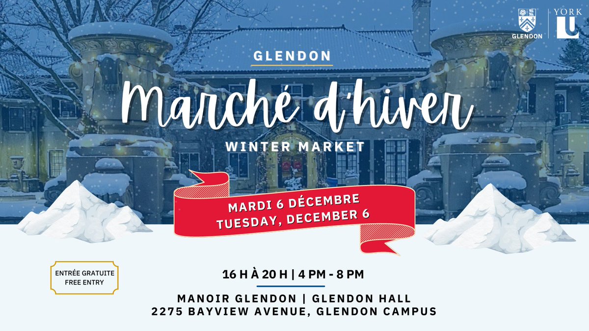 Our #GlendonCampus Marché d’hiver (Winter Market) is back again this year! Join us on Tuesday, December 6, from 4 PM to 8 PM in Glendon Hall. Come and find unique gift-giving ideas or treat yourself to various gourmet foods. Open to the public. #GLMarchédHiver