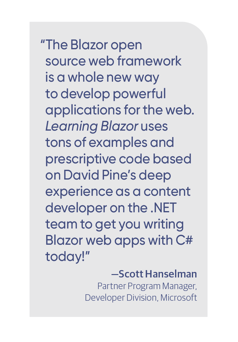 davidpine7's tweet image. "The #Blazor open source web framework is a whole new way to develop powerful applications for the web. Learning Blazor uses tons of examples and ..."  — @shanselman 
📕 a.co/d/4nRCKSg
💻 a.co/d/1NSWjKK
#LearningBlazor #webassembly #csharp #dotnet