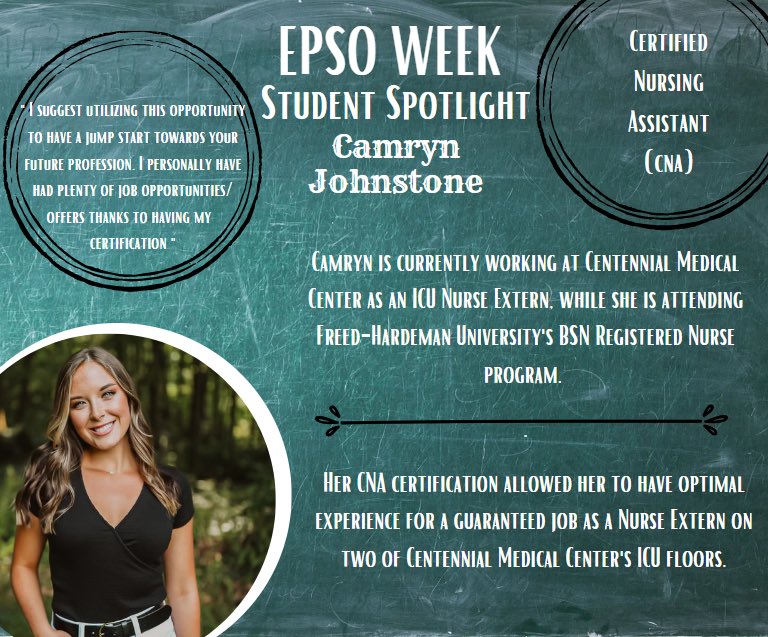 DCS_CTE's tweet image. CTE has a multitude of EPSOs available for all students. These are a few graduates that have obtained a CNA certification. Here is some advice and ways their chosen EPSO has/ will help them. Congrats and keep working hard!
#EPSOWeek2022