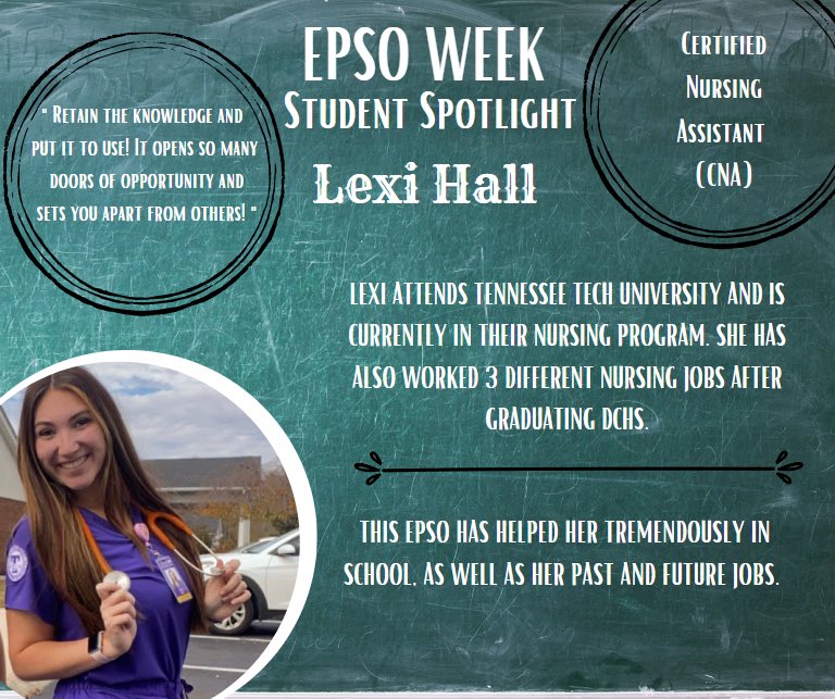 DCS_CTE's tweet image. CTE has a multitude of EPSOs available for all students. These are a few graduates that have obtained a CNA certification. Here is some advice and ways their chosen EPSO has/ will help them. Congrats and keep working hard!
#EPSOWeek2022