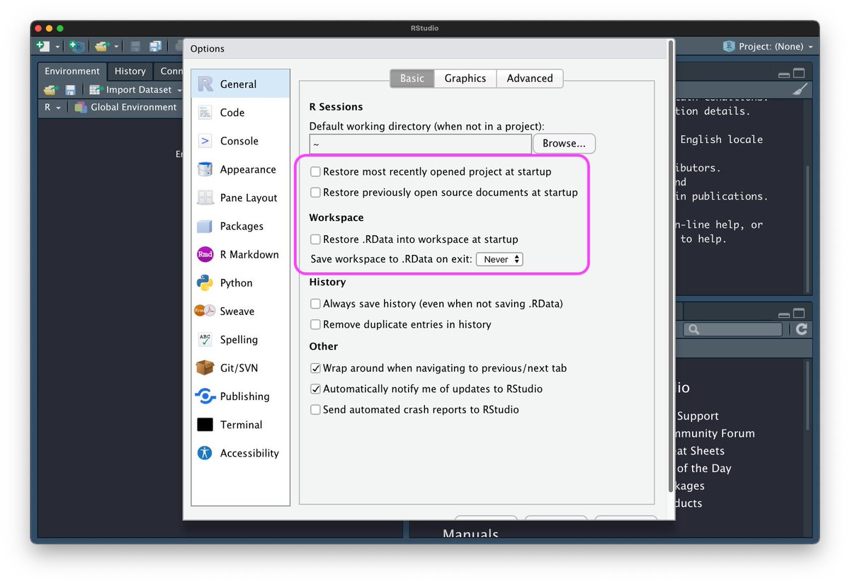 Quick reminder that RStudio is fantastic but it's even better when global options are changed to maximize reproducibility. #rstats