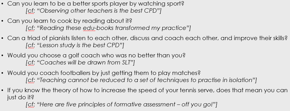 EvidenceInEdu's tweet photo. Here's a slide from a recent @ProfCoe presentation that we hadn't seen before. 

All these types of CPD can be valuable but each has limitations. The point being made is the importance of a blended approach to development. https://t.co/Hxi4IooBxQ