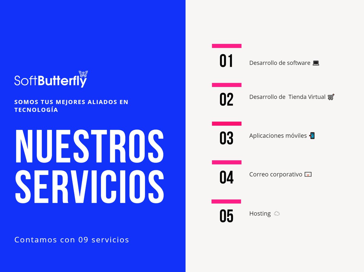 softbutterflyio's tweet photo. TU PONES LAS IDEAS NOSOTROS LA TECNOLOGÍA
En SOFTBUTTERFLY aplicamos metodologías, diseños y tecnologías necesarias para brindar entregables con altos estándares de alta calidad.
Visítanos en: https://t.co/b0M89M9pFT
Y conoce más sobre nosotros 🙌😃

#softbutterfly #Tecnologia https://t.co/On5sqA209P