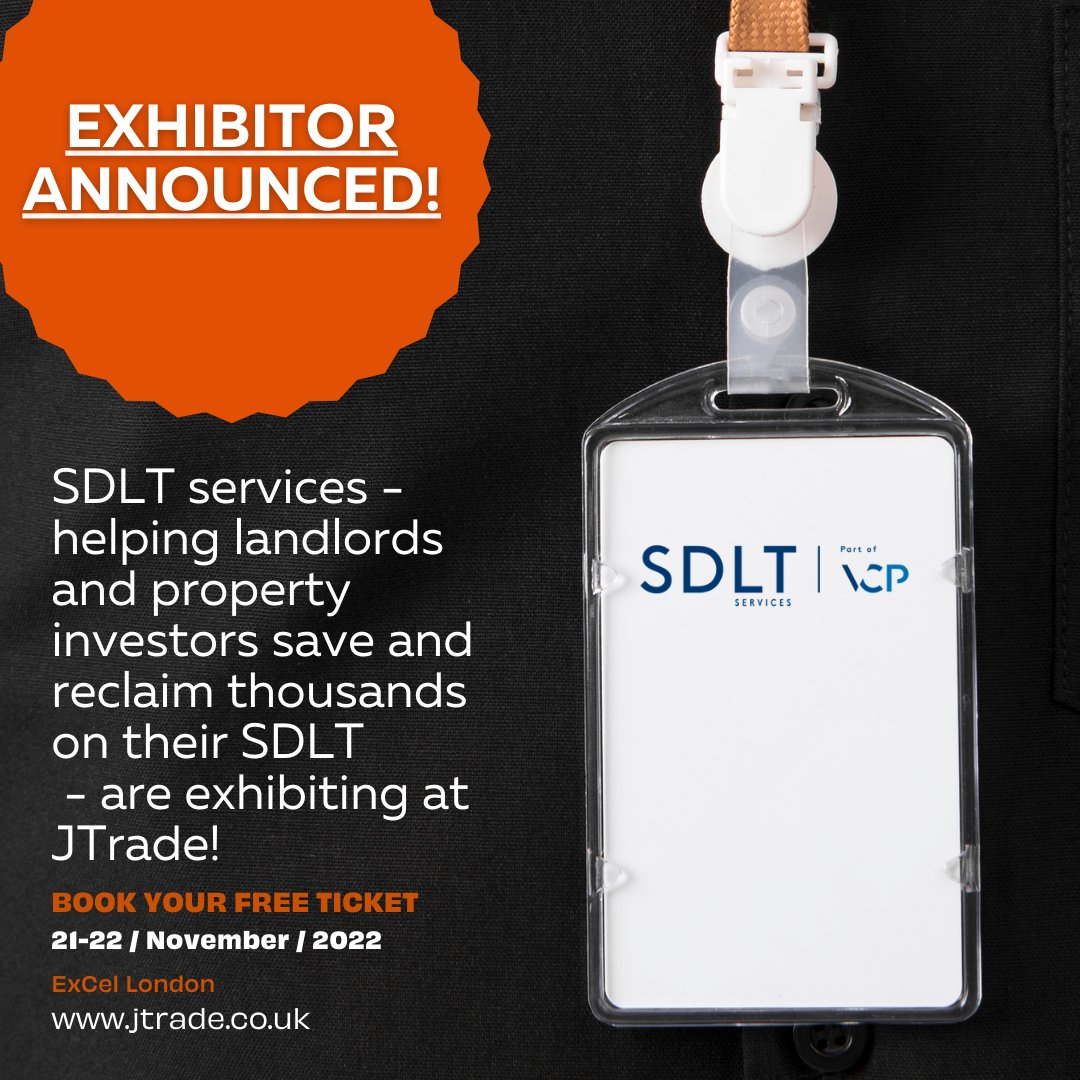 EXHIBITOR ANNOUNCEMENT!
SDLT services - helping landlords and property investors save and reclaim thousands on their SDLT  - are exhibiting at JTrade!
Visit jtrade.ecreg.uk/reg/general/ho… to book your FREE Visitor tickets.
#JTrade #JTrade22 #Landlords #Property #StampDuty