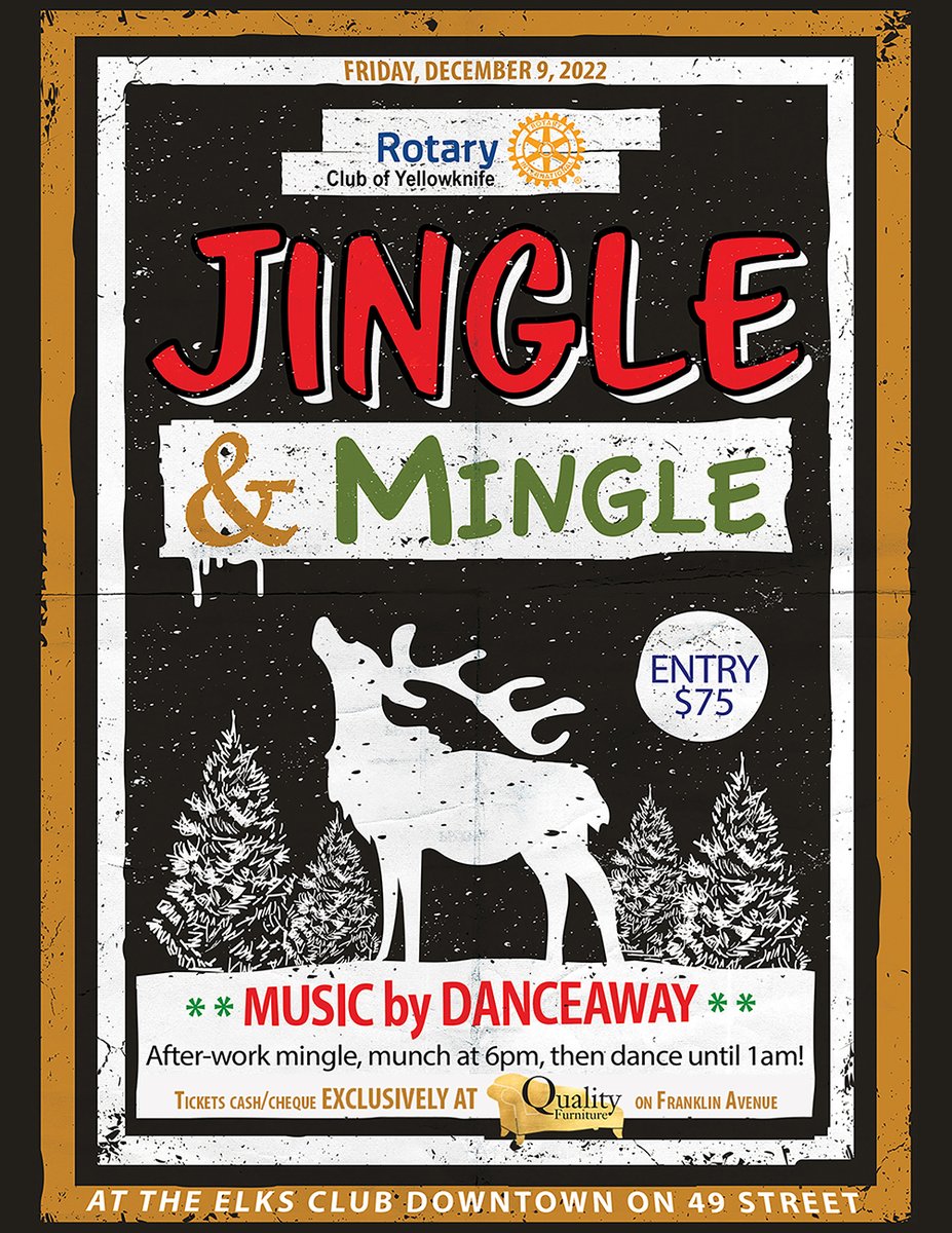 The YK Rotary Club is holding its inaugural Jingle &amp; Mingle fundraising dance party Dec. 9 at the Elk's Club downtown. After-work doors at 6pm, to mingle &amp; munch, then jingle w/ @Danceway until 1am.
Tix $75 only at Quality Furniture. And hey, Boomers are welcome! #Yellowknife