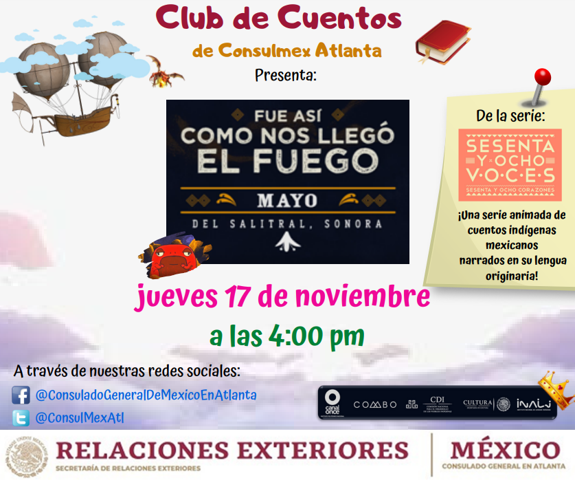 ConsulMexAtl's tweet photo. El Club de Cuentos de #TuConsulmexAtl te invita a disfrutar del cuento Mayo del Salitral, Sonora "Fue así como nos llegó el fuego", HOY a las 4:00 pm.¡No te lo pierdas!
#VAIPOIME
#MexicoMultiligue
#MiLenguaMaterna
@IME_SRE https://t.co/4nvnZlruqI