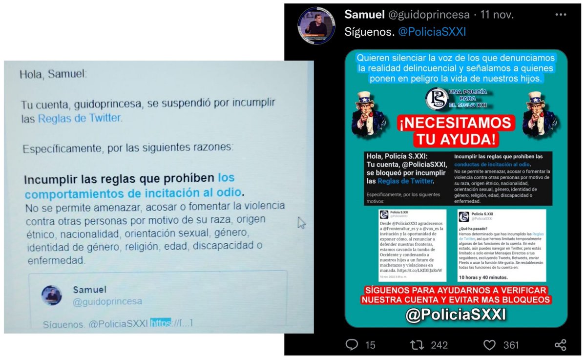 Hola <a href="/elonmusk/">Elon Musk</a>. En España tienes mucho trabajo contra la dictadura de las élites. @TwitterEspana suspende la cuenta de nuestro presidente <a href="/guidoprincesa/">Samuel</a> por supuestamente «amenazar o fomentar la violencia». Aquí el tweet ¿Alguien nos lo explica? Tráelo de vuelta Elon. #FreeSamuel