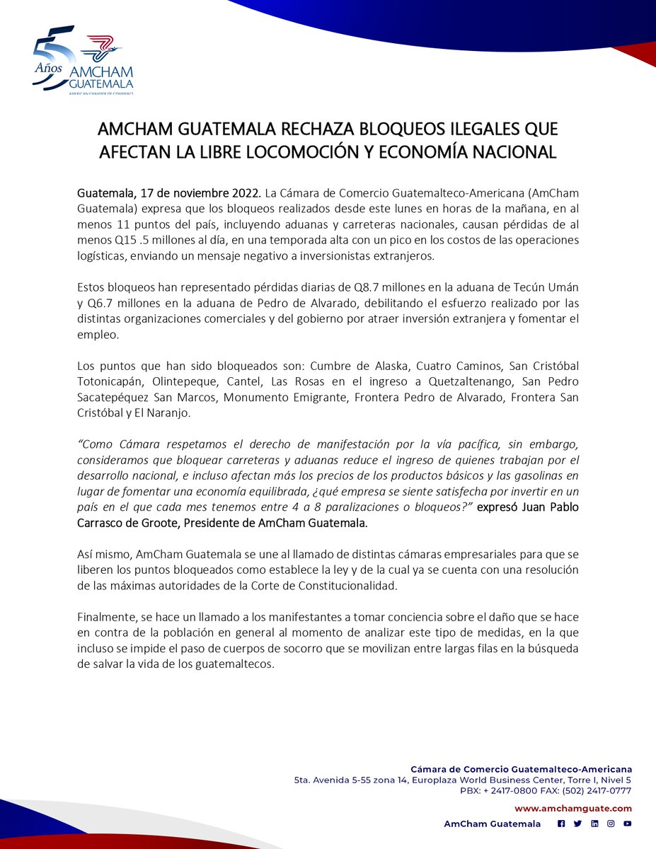 #URGENTE | AmCham Guatemala rechaza bloqueos ilegales que afectan la libre locomoción y economía nacional.   Lea el comunicado en:  ow.ly/ZY0r50LHcm9