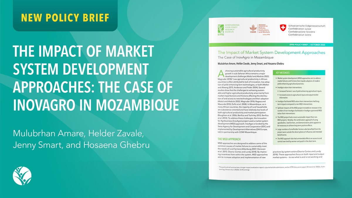 🔔 New #PolicyBrief from <a href="/IFPRI/">IFPRI</a> &amp; <a href="/SwissDevCoop/">Swiss Development and Cooperation</a>!
📌 The Impact of Market System Development Approaches: The Case of #InovAgro in #Mozambique
✍️ By <a href="/A_Mulubrhan/">Mulubrhan Amare</a>, Helder Zavale, <a href="/Jennife12489525/">Jenny Smart</a>, &amp; Hosaena Ghebru
📝 Read it here: bit.ly/InovAgro-Brief
<a href="/CGIAR/">CGIAR</a> #OpenAccess