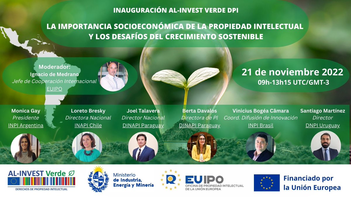 EUIPcooperation's tweet photo. 📌Participa en la mesa redonda sobre modernización de sistemas nacionales de #PropiedadIntelectual de los países del Mercosur y Chile durante la inauguración de #ALINVESTVerdeDPI:
📆 21 Noviembre 2022
⏰ 9:00-13:15 UTC/GMT-3 (Montevideo)
Inscríbete: https://t.co/AduC78z9k9 https://t.co/SMl3O0CZf1