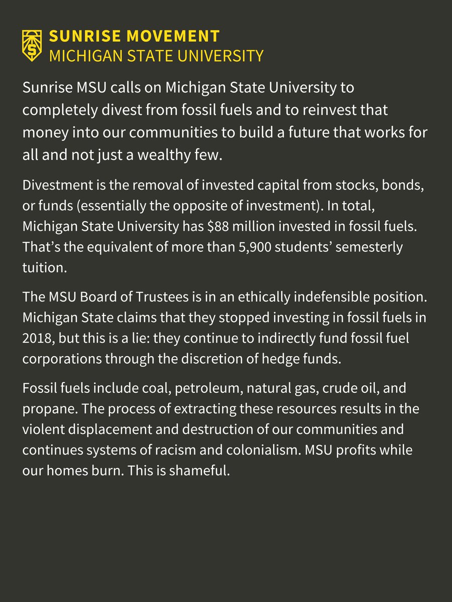 sunrisespartans's tweet image. We at the Sunrise MVMT @michiganstateu call for the university to divest fully and immediately from fossil fuels. MSU is burning our futures. Statement below. #DivestMSU