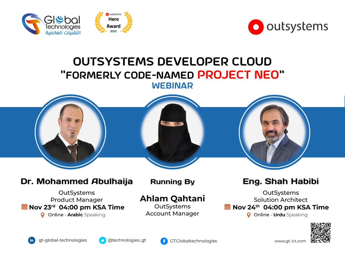 technologies_gt's tweet photo. Now the latest Cloud-Native Development technology from OutSystems in GT Online Webinar in both languages Arabic &amp; Urdu.
Don't miss the chance &amp; Register with us now: https://t.co/BsRzlgYVxT 

#OutSystemsGT #GTinOutSystems #Webinar
#GlobalTechnologies #GT #OutSystemsDeveloper https://t.co/uJiYZKO8Py