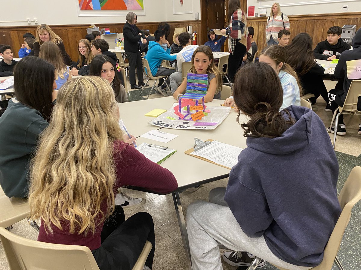 MsLifschultz's tweet photo. So awesome to see former 7b students at Bell today to judge our Civil Rights Memorials. Way to go Bell 8th graders!! You did a fantastic job. Thanks to Greeley US history students for spending the morning with us. #wearechappaqua @geoffcurtis @EganSSclass @GenevieveJulich https://t.co/gjkHluURbs