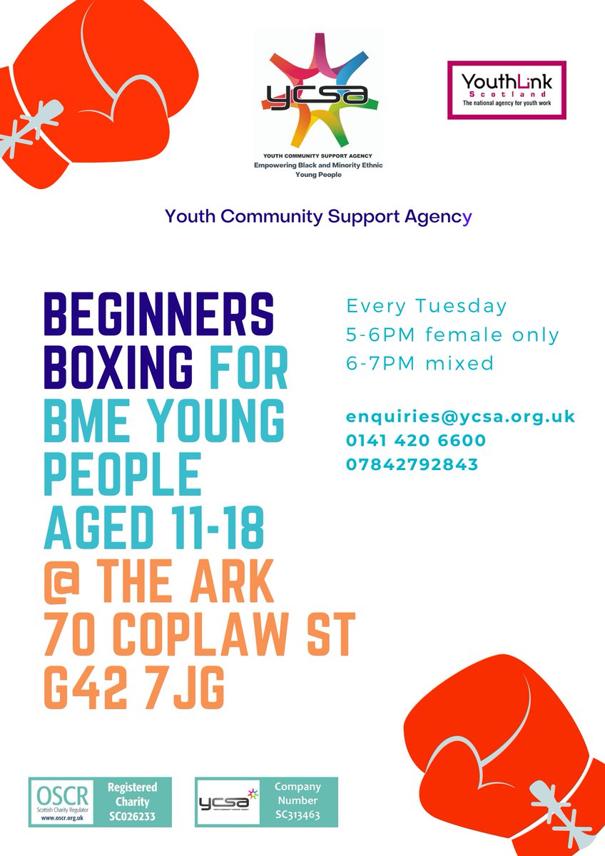 🥊Boxing intro/skills sessions🥊 TOMORROW (and every Tuesday for 8 weeks) @ the Ark, 70 Coplaw Street, G42 7JG for BME (black/and minority) young people 11-18 yrs old. 5-6pm (girls), &amp; 6-7pm (mixed) Please share to anyone of interest 
#BME #Glasgow #boxingglasgow #boxingskills
