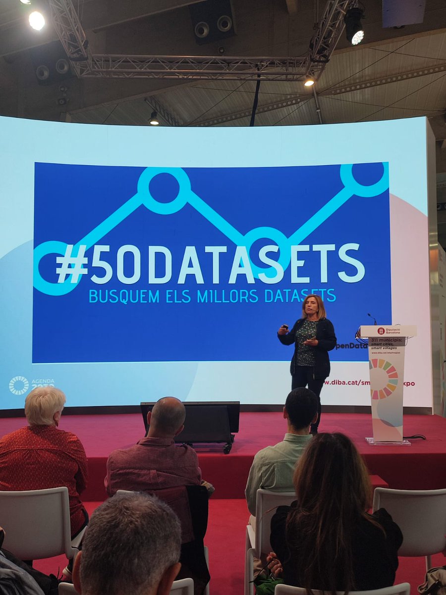 iopendatabcn's tweet photo. En directe. @lourdesmunoz presenta l'acte de #50datasets en #SCEWC22 rànquing construït amb la comunitat #dater Estem en directe @diba https://t.co/Ts34lRdJha