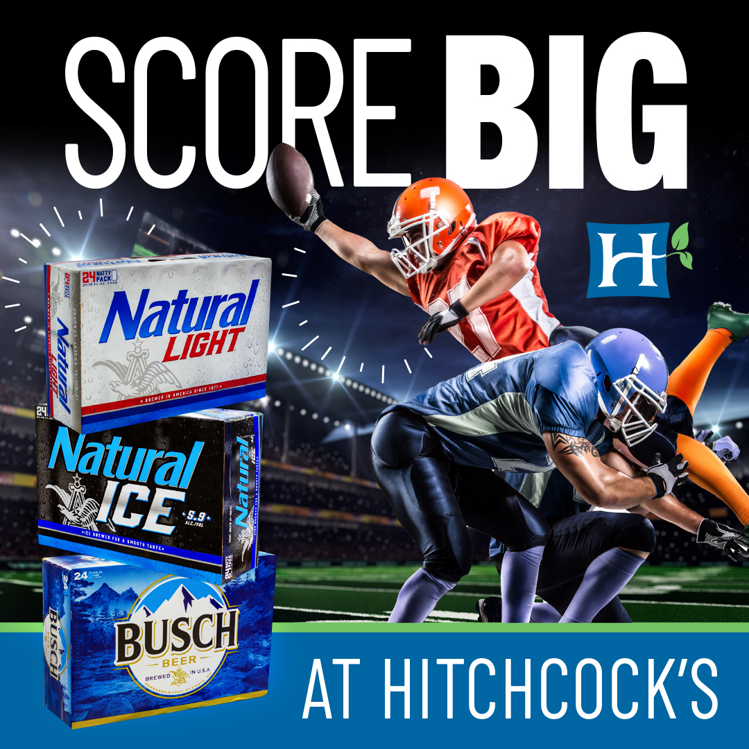 Hitchcocks's tweet photo. Score big at Hitchcock’s with Natural Light, Natural Ice, and Busch Beer 24 pack cans for only $15.48 until 11/24! https://t.co/uCAMkga86x