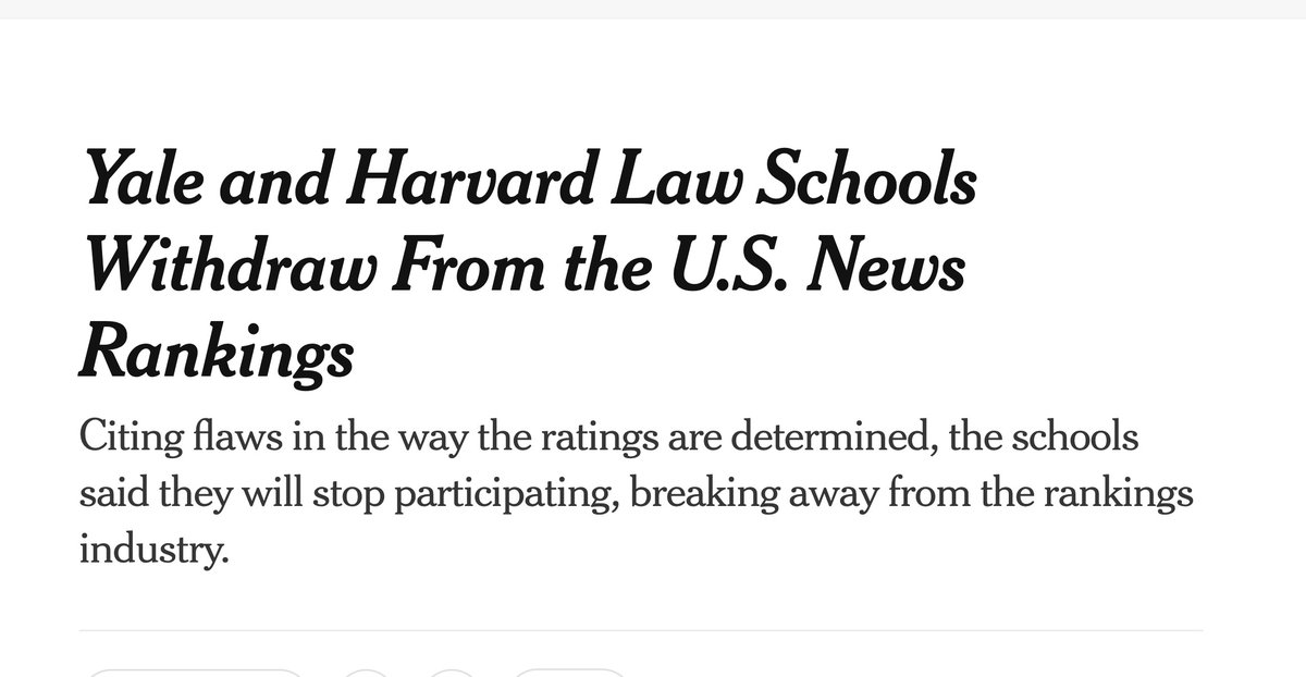 Harlan Krumholz (@hmkyale) on Twitter photo The <a href="/YaleLawSch/">Yale Law School</a> drops from <a href="/usnews/">U.S. News & World Report</a> rankings even though it was #1 because of concerns about fairness and utility... is it time for health systems to do the same. Why do so many academic centers go along just because it feeds their egos? Time for critical thinking about rankings. The <a href="/YaleLawSch/">Yale Law School</a> drops from <a href="/usnews/">U.S. News & World Report</a> rankings even though it was #1 because of concerns about fairness and utility... is it time for health systems to do the same. Why do so many academic centers go along just because it feeds their egos? Time for critical thinking about rankings.