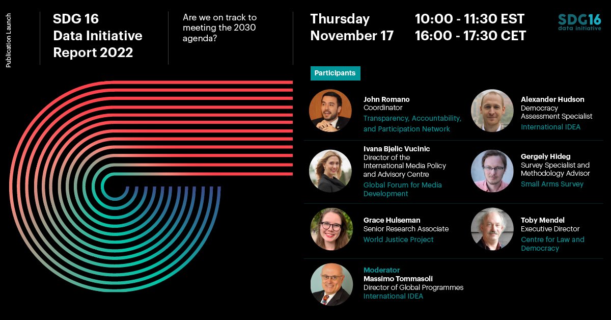 Thrilled to be joining my colleagues from the 
<a href="/TAPNetwork2030/">TAPNetwork2030</a> <a href="/Int_IDEA/">International IDEA</a> <a href="/SmallArmsSurvey/">small arms survey</a> <a href="/Law_Democracy/">Centre for Law and Democracy</a> for the launch of the 2022 <a href="/SDG16Data/">SDG16Data Initiative</a> report📊Join us at 10am ET as we discuss progress towards SDG 16. Link: bit.ly/3UMcUSm