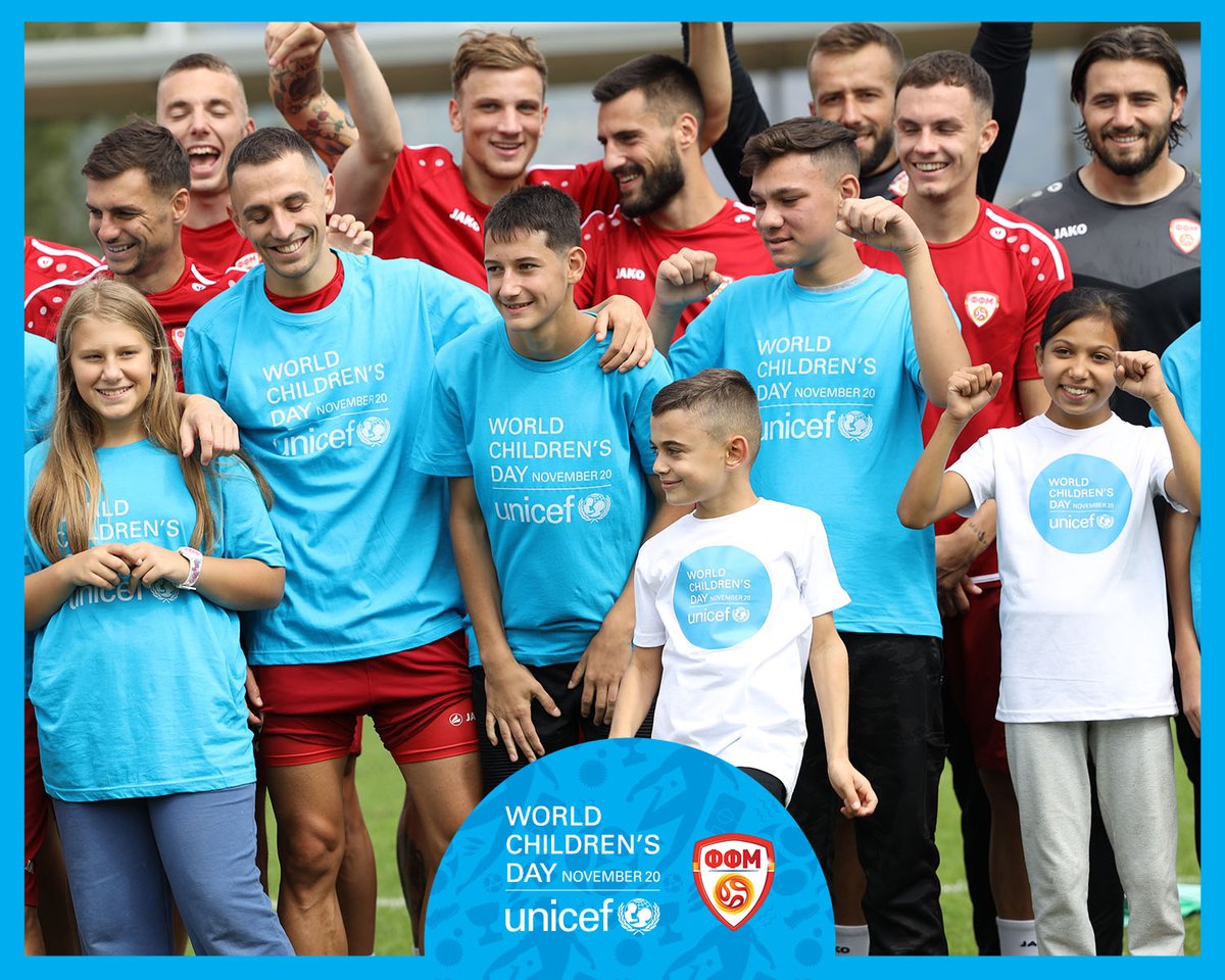 UNICEFMK's tweet photo. #OneTeam for children's rights! Children accompanying players will be wearing #WorldChildrensDay t-shirts with a message for a more equal, inclusive society #foreverychild at the⚽️ friendly football matches:
🇲🇰 vs 🇫🇮 (17 Nov)
🇲🇰 vs 🇦🇿 (20 Nov) 
More info: https://t.co/99o4oQZskv https://t.co/mK2P9IZ8vZ