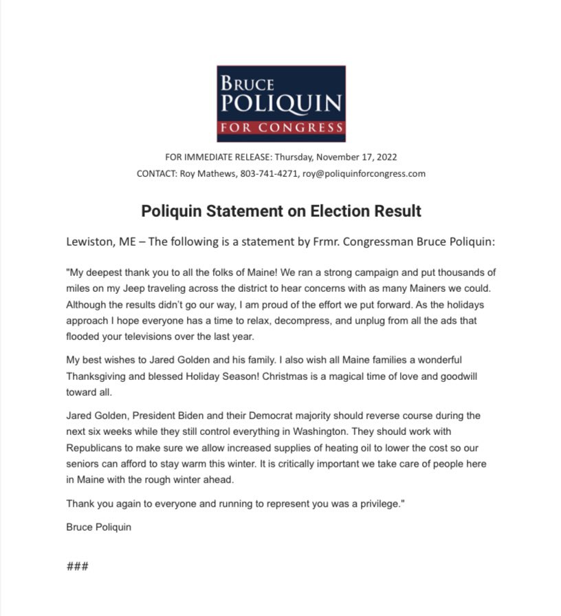 Thank you Maine! Running to represent you was a privilege. #mepolitics #ME02