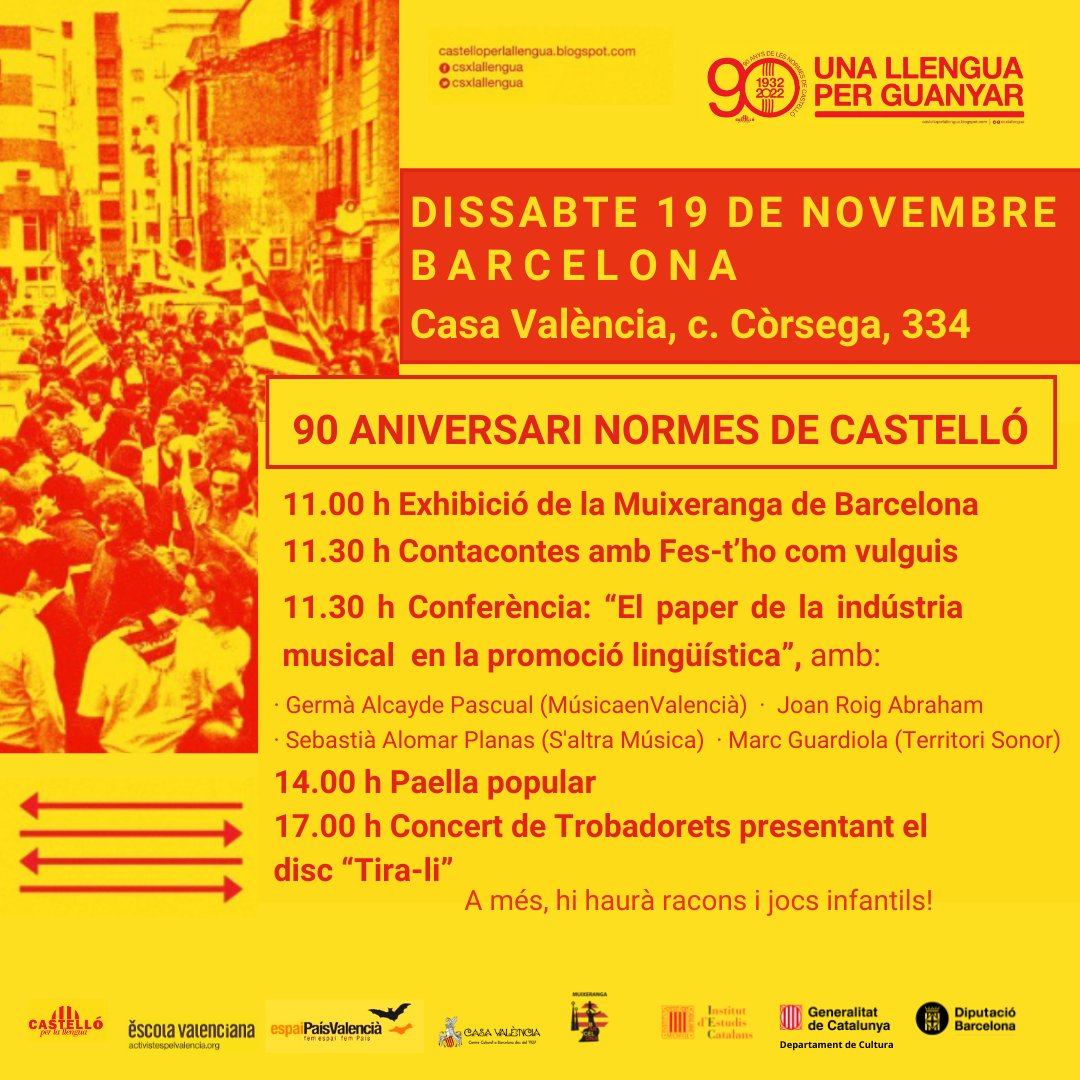 IEC_Castello's tweet photo. 19N-BARCELONA, 11 h
Jornada commemorativa Normes de Castelló: conferència, contacontes,@muixerangabcn, paella popular i concert de @TROBADORETS presentant el disc "Tira-li"
📍Casa València, c. Còrserga 334
@escolatv @espaipv @iec https://t.co/Ao2OlisYiU