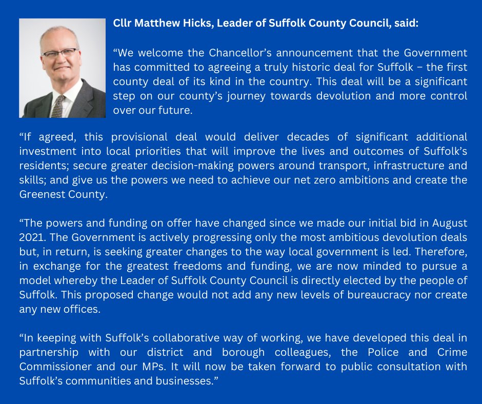 In his Autumn statement today, the Chancellor announced an historic devolution deal for #Suffolk. Read <a href="/HicksCllr/">Councillor Matthew Hicks 🇬🇧</a>'s statement.
