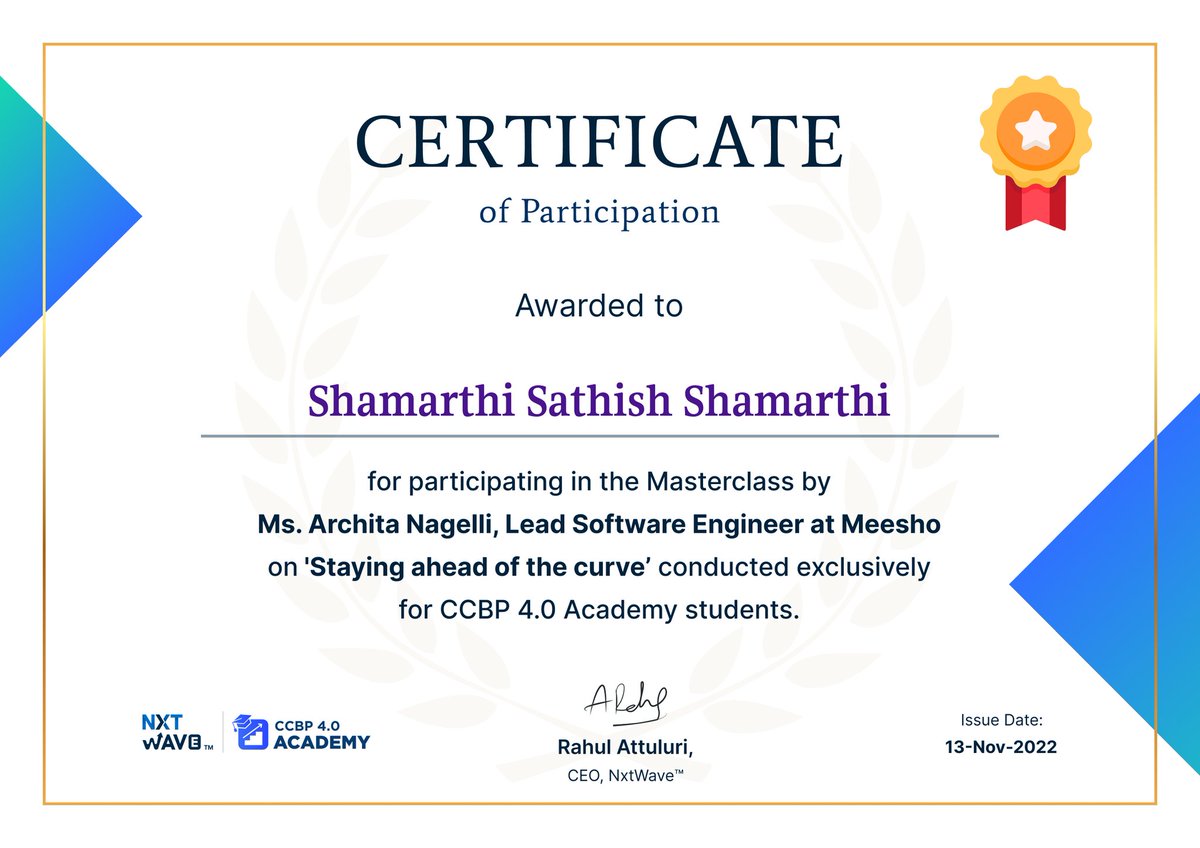 Ssathish1523's tweet photo. Hello Everyone,
I got this certificate for participating in the podcast by Ms. Archita Nagelli mam, a Software Engineer at 
@meesho It's been a fantastic podcast I have listened to ever.
Thank You, @nxtwave team.😊
#ccbp #rahulattuluri #javascript #python #certification https://t.co/OuZ96Vpoke