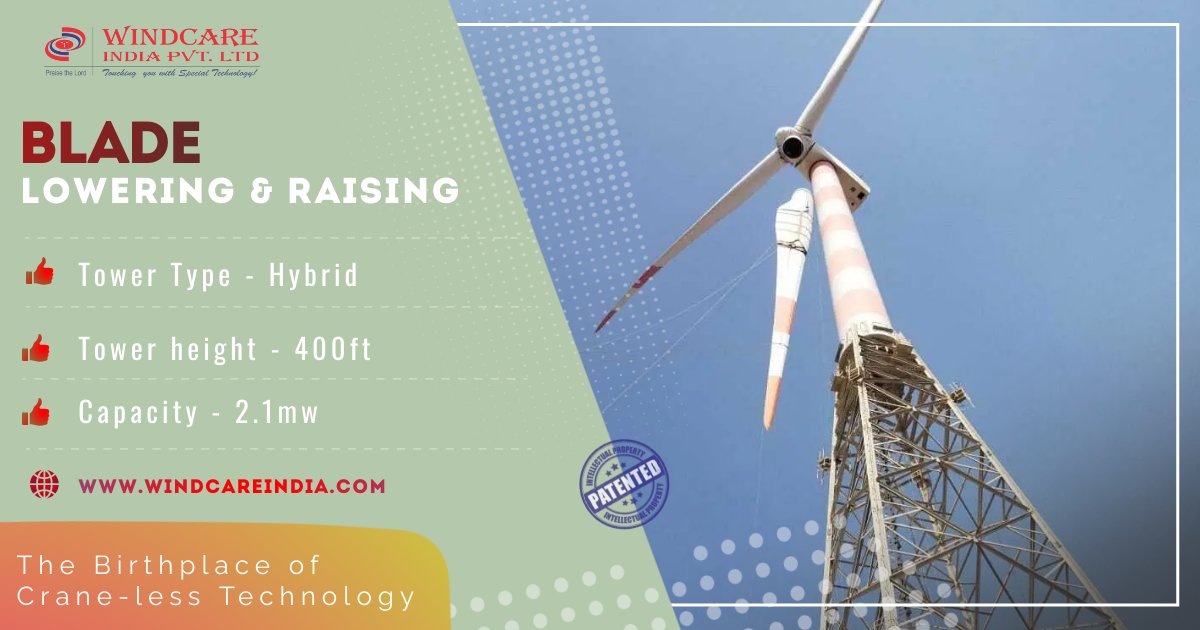 Windcareindia's tweet image. A magnificent view from the work spot of our Blade lowering and rising work of a 2.1 MW machine using our Craneless Technology.

#windcare #cranelesstechnology #componentreplacement #windenergy #serviceproviders